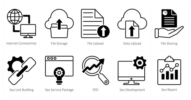 A set of 10 seo icons as internet connectivity file storage file upload