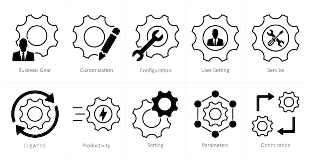A set of 10 settings and configuration icons as business gear customization configuration