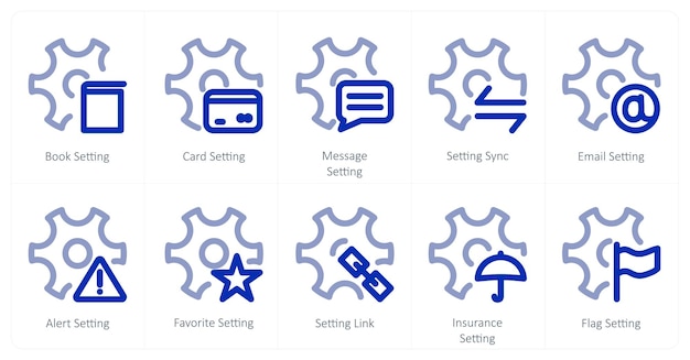 A set of 10 settings icons as book setting card setting message setting