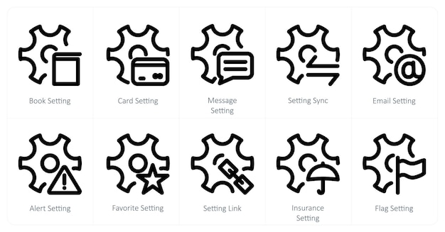 A set of 10 settings icons as book setting card setting message setting