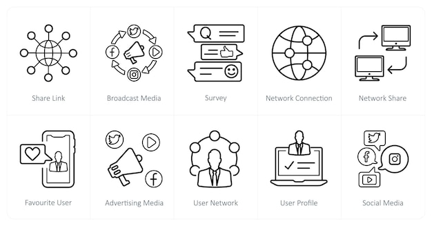 A set of 10 social icons as share link broadcast media survey