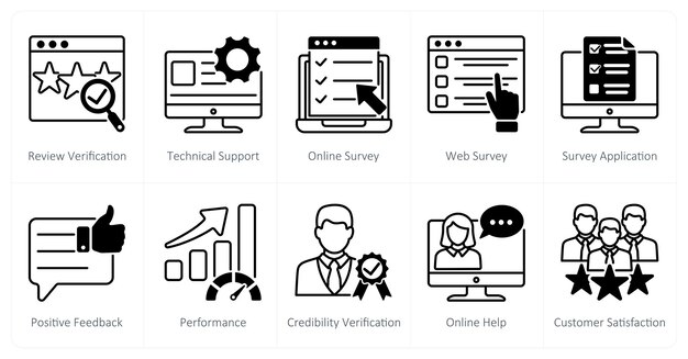 A set of 10 survey icons as review verification technical support online survey