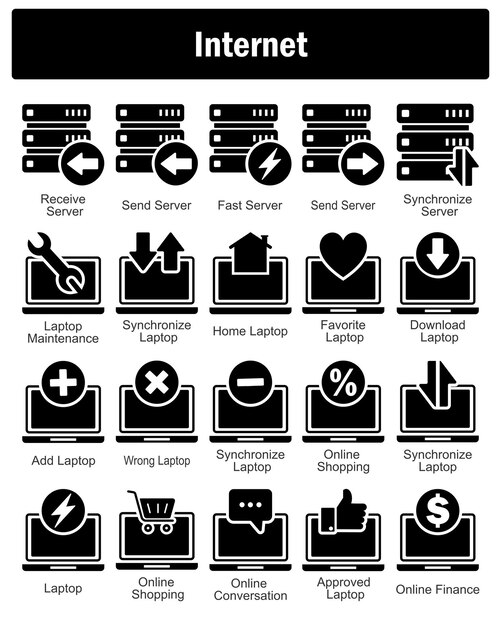 a set of 20 internet icons as eceive server send server fast server