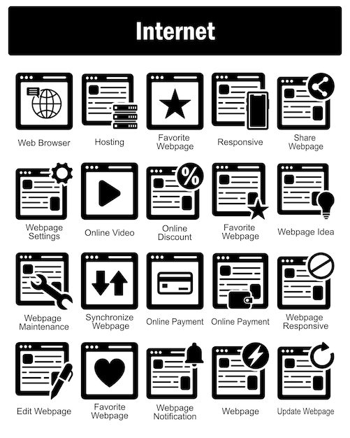 a set of 20 internet icons as web browser hosting favorite webpage