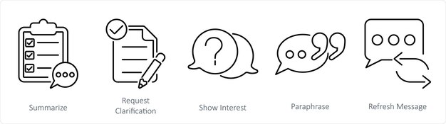 a set of 5 active listening icons as summarize request clarification show interest