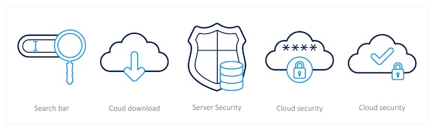 A set of 5 big data icons as search bar cloud download server security