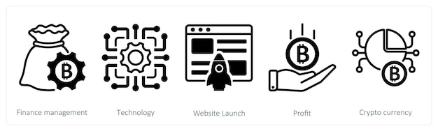 A set of 5 bitcoin icons as financial management technology website launch