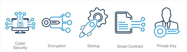 A set of 5 Blockchain icons as cyber security encryption startup