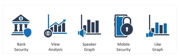 A set of 5 business icons as bank security view analysis speaker graph