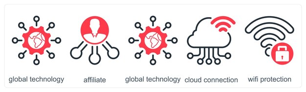 A set of 5 business icons as global technology affiliate cloud connection