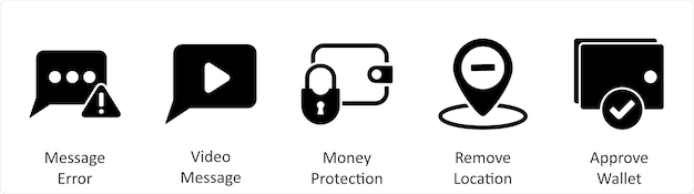 A set of 5 Business icons as message error video message money protection