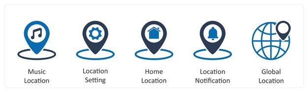 A set of 5 Business icons as music location location setting home location
