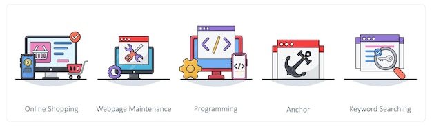 A set of 5 Business icons as online shopping webpage maintenance programming