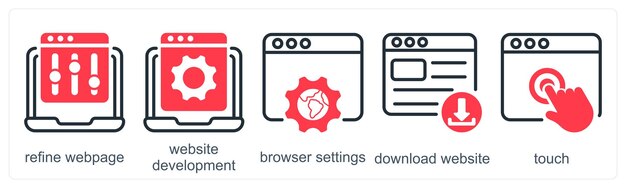 A set of 5 business icons as refine webpage website development browser setting