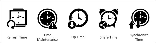 A set of 5 business icons as refresh time time maintenace up time