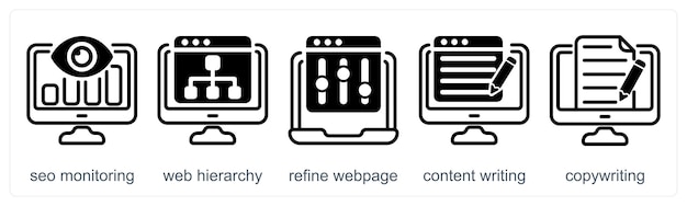 A set of 5 business icons as seo monitoring web hierarchy refine webpage