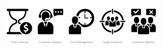 A set of 5 business icons as time is money customer support time management