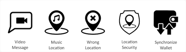 A set of 5 Business icons as video message music location wrong location
