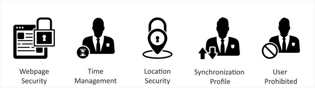 A set of 5 business icons as webpage security time management location security