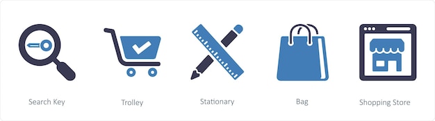 A set of 5 business icons such as Search Key Trolley