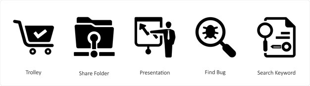 A set of 5 business icons such as Trolley Share Folder