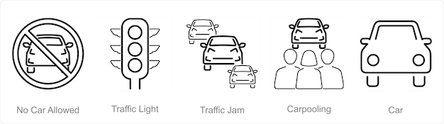 A set of 5 Car icons as no car allowed traffic light traffic jam