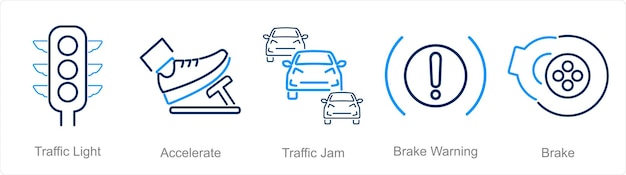 A set of 5 Car icons as traffic light accelerate traffic jam