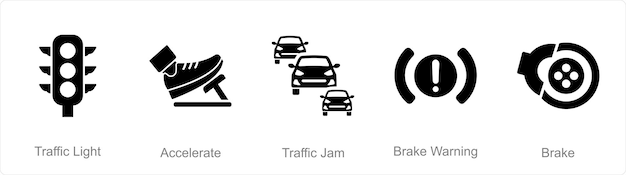A set of 5 Car icons as traffic light accelerate traffic jam