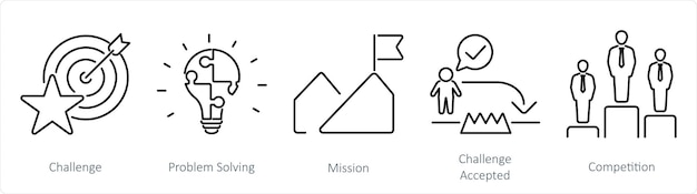 A set of 5 Challenge icons as challenge problem solving mission