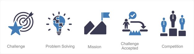 A set of 5 Challenge icons as challenge problem solving mission
