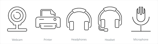 A set of 5 Computer Parts icons as web cam printer headphone
