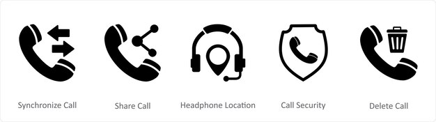 a set of 5 contact icons as synchronize call share call headphone location