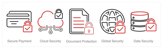 a set of 5 cyber security icons as secure payment cloud security document protection