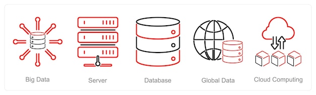 A set of 5 data analytics icons as big data server database