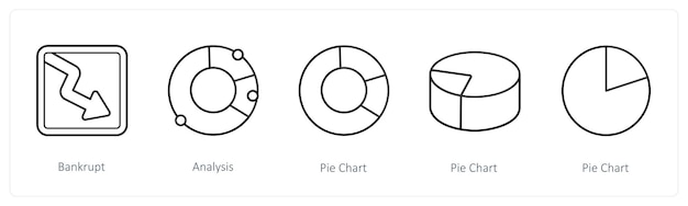 A set of 5 diagram and report icons such as bankrupt analysis pie chart