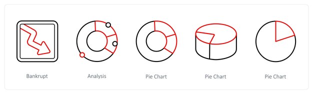 A set of 5 diagram and report icons such as bankrupt analysis pie chart