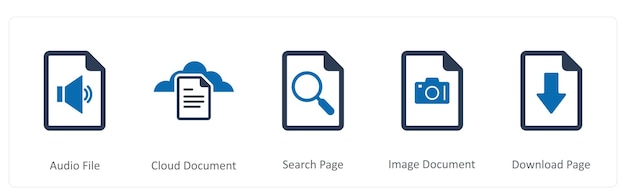 A set of 5 Document icons as audio file cloud document search page
