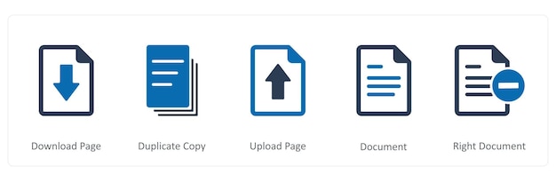 A set of 5 Document icons as download page duplicate copy upload page