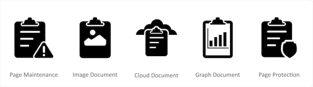 A set of 5 Document icons as page maintenance image document cloud document