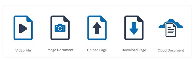 A set of 5 Document icons as video file image document upload page