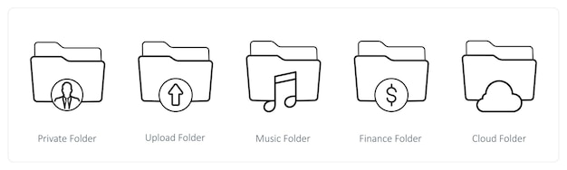 A set of 5 folder icons such as private folder upload folder