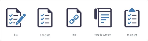 A set of 5 graphic tools icons such as list done list link