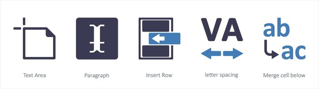 A set of 5 graphic tools icons such as Text Area Paragraph Insert Row