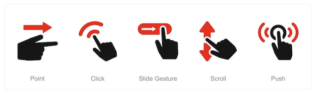 a set of 5 hands icons as point click slide gesture scroll