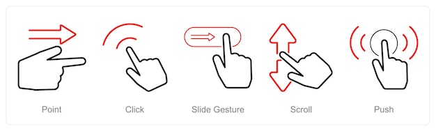 A set of 5 Hands icons as point click slide gesture scroll