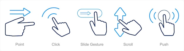 A set of 5 Hands icons as point click slide gesture scroll