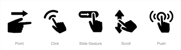 a set of 5 hands icons as point click slide gesture scroll