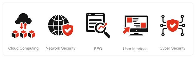 A set of 5 Hard Skills icons as cloud computing network security seo
