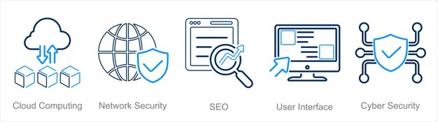 A set of 5 Hard Skills icons as cloud computing network security seo