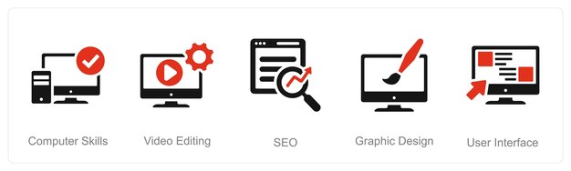A set of 5 Hard Skills icons as computer skills video editing seo